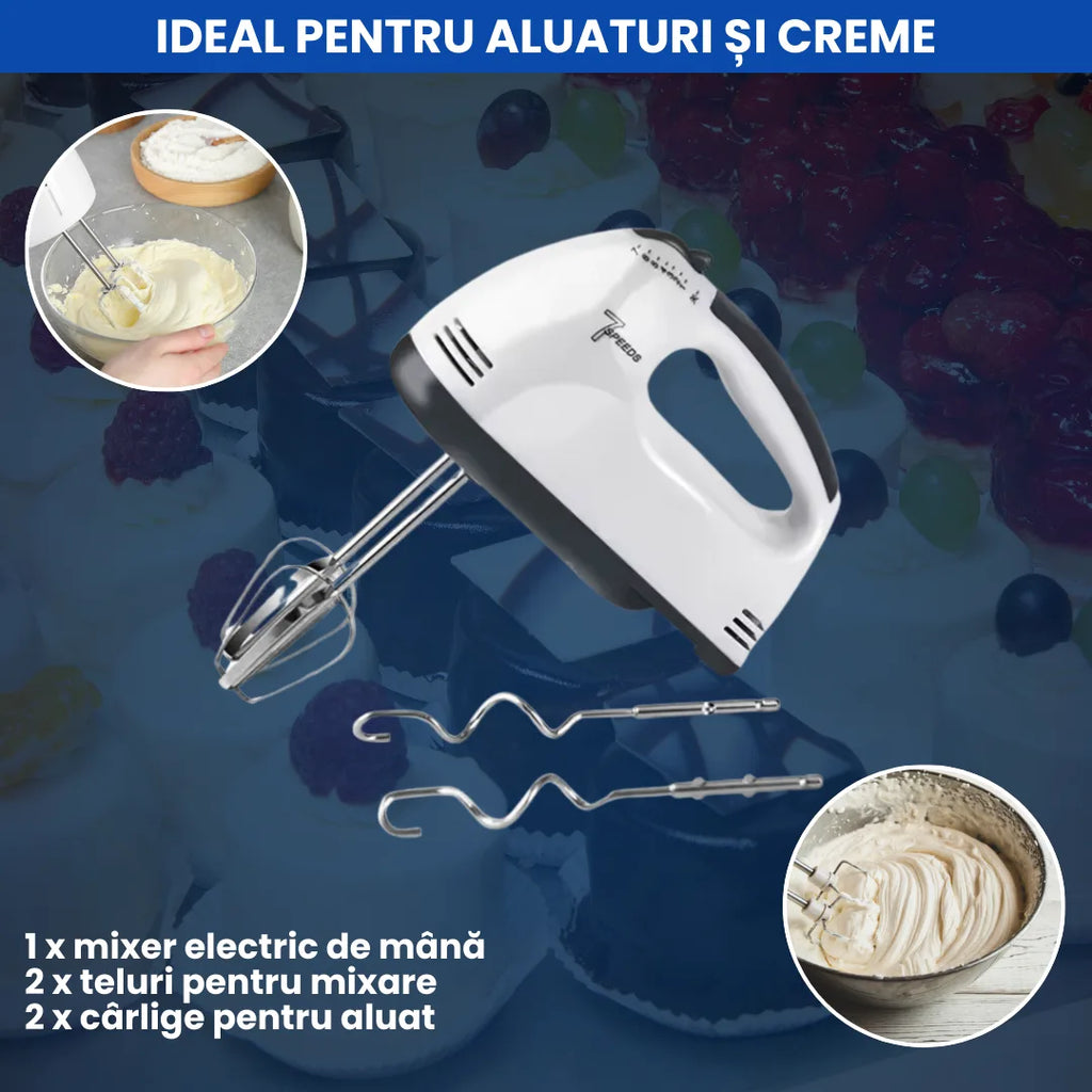 Mixer de Mână cu 7 Viteze, Funcție Turbo și Accesorii pentru Frământare (300W