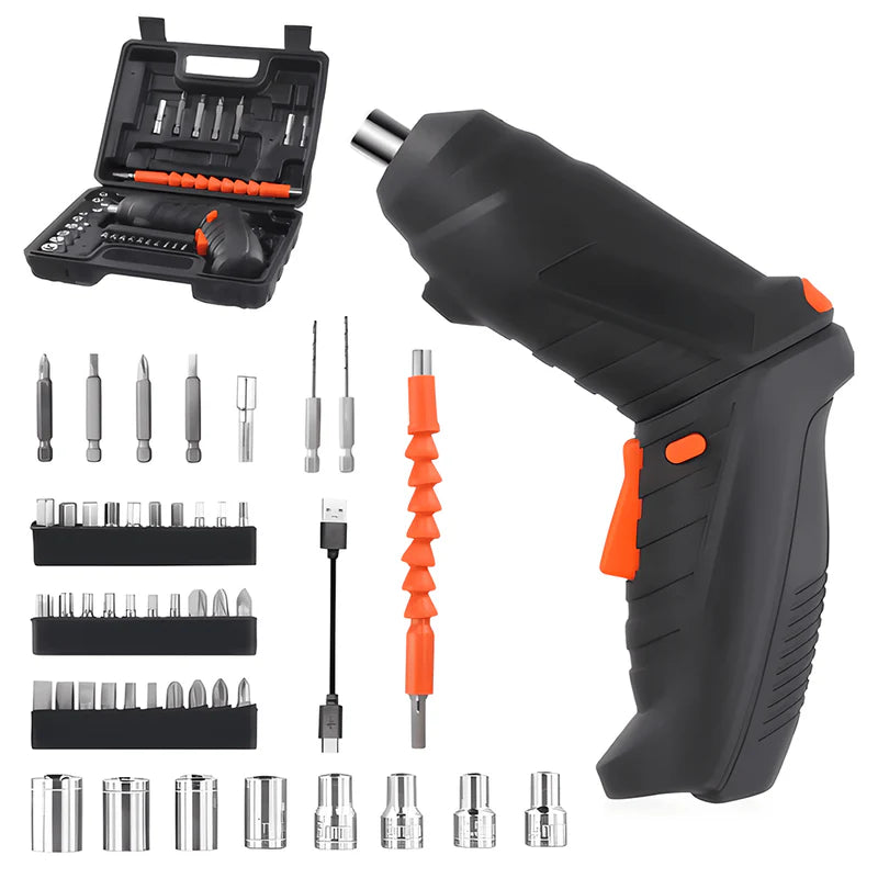Mini Surubelnita Electrica, 47 accesorii incluse, 2 moduri de utilizare, pistol si drept, acumulator de 3.6 V 1.3Ah Li-Ion 4Nm, 180 RPM, cutie de depozitare, negru