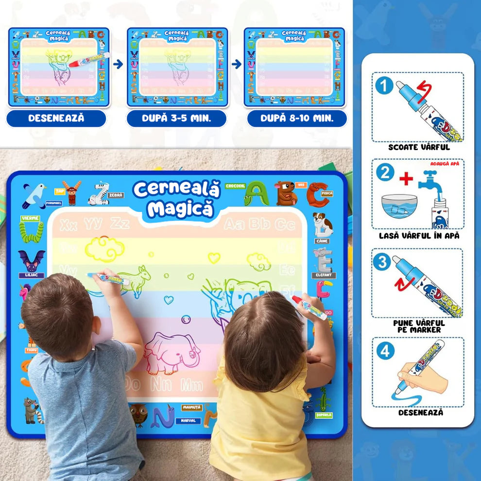 Covoraș Magic – Set pentru Desen Fără Murdărie cu Apă + 2 Markere Cadou 🎁