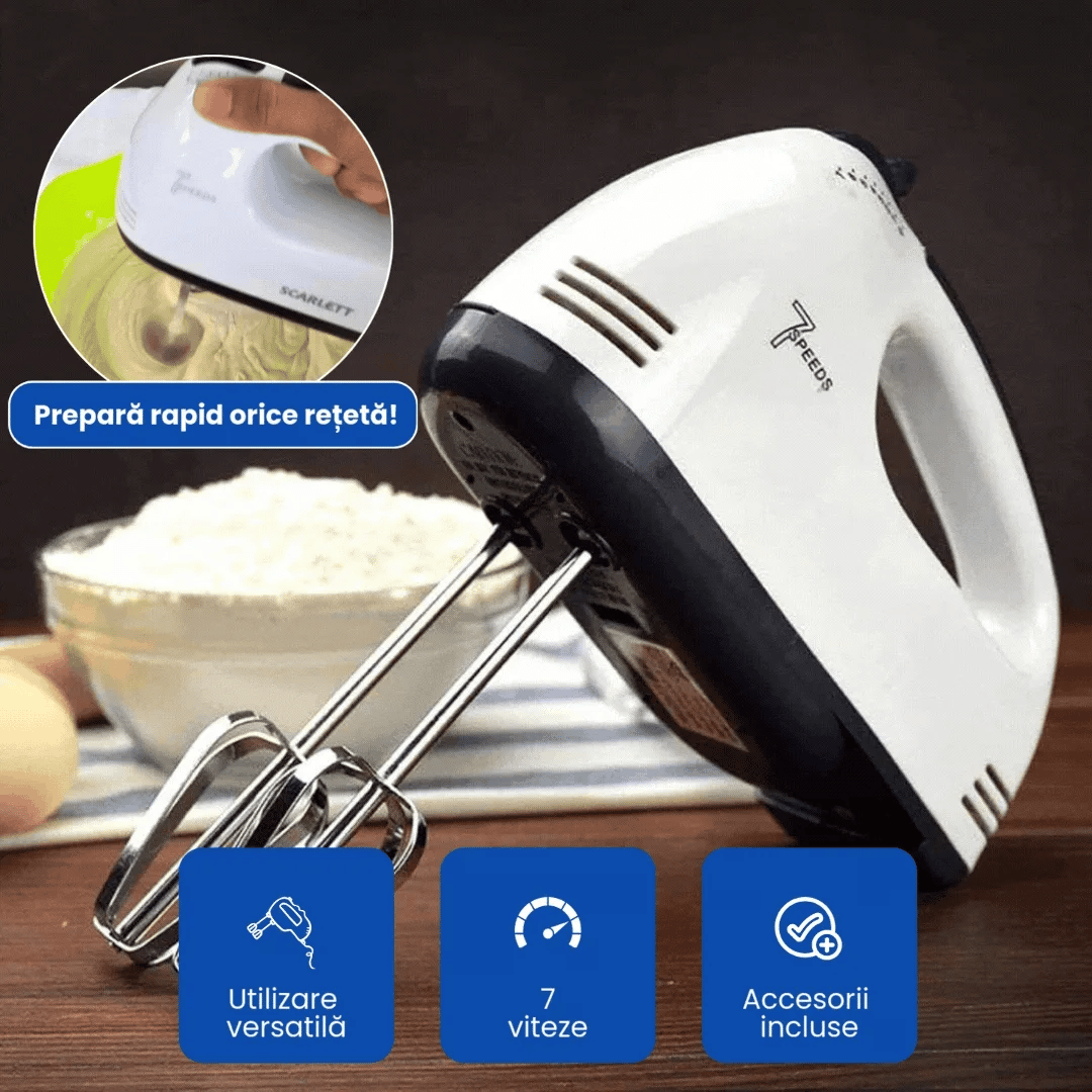 Mixer de Mână cu 7 Viteze, Funcție Turbo și Accesorii pentru Frământare (300W
