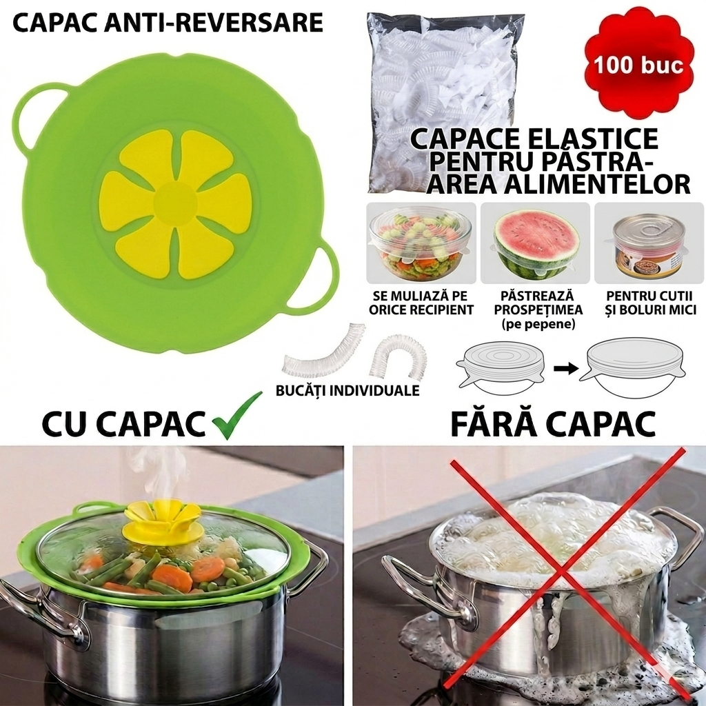 CAPAC DIN SILICON ANTI-SPUMARE +100 Huse cu Elastic Pentru Protectie Boluri/Tavi/Recipiente Tip Capac Castroane🎁
