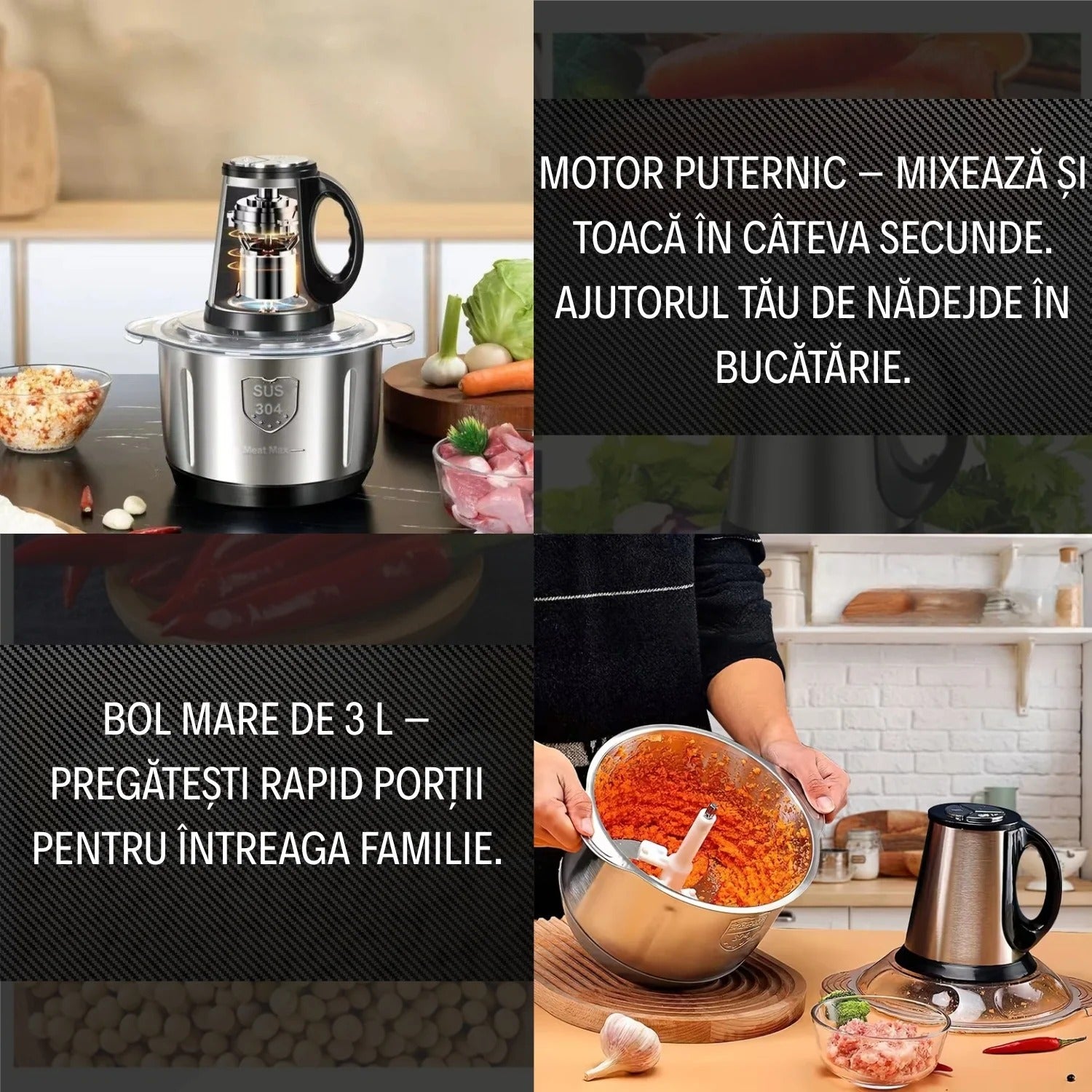 Tocător Profesional 1000 W– Bol Inox 3L + CADOU SURPRIZA 🎁