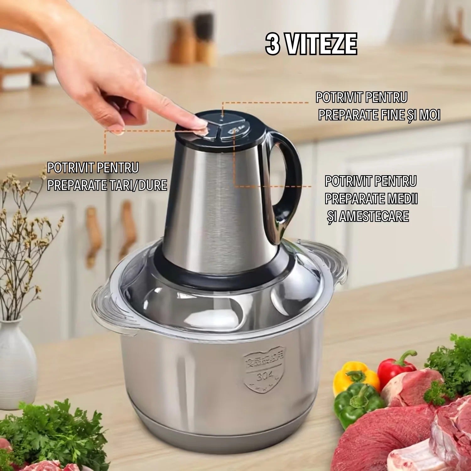 Tocător Profesional 1000 W– Bol Inox 3L + CADOU SURPRIZA 🎁