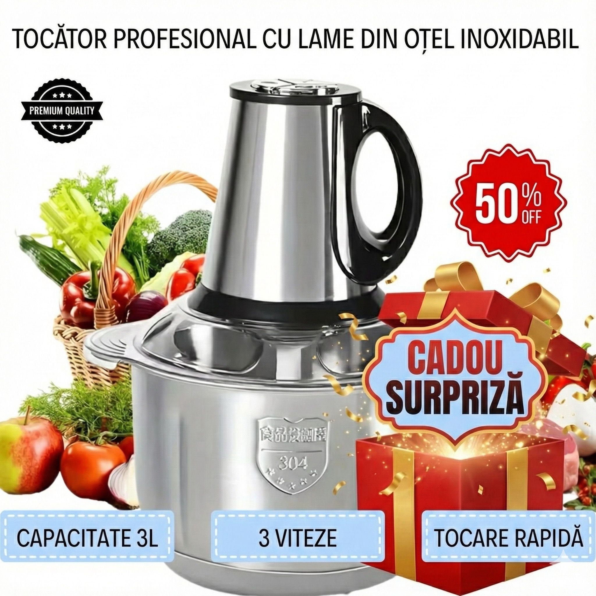 Tocător Profesional 1000 W– Bol Inox 3L + CADOU SURPRIZA 🎁