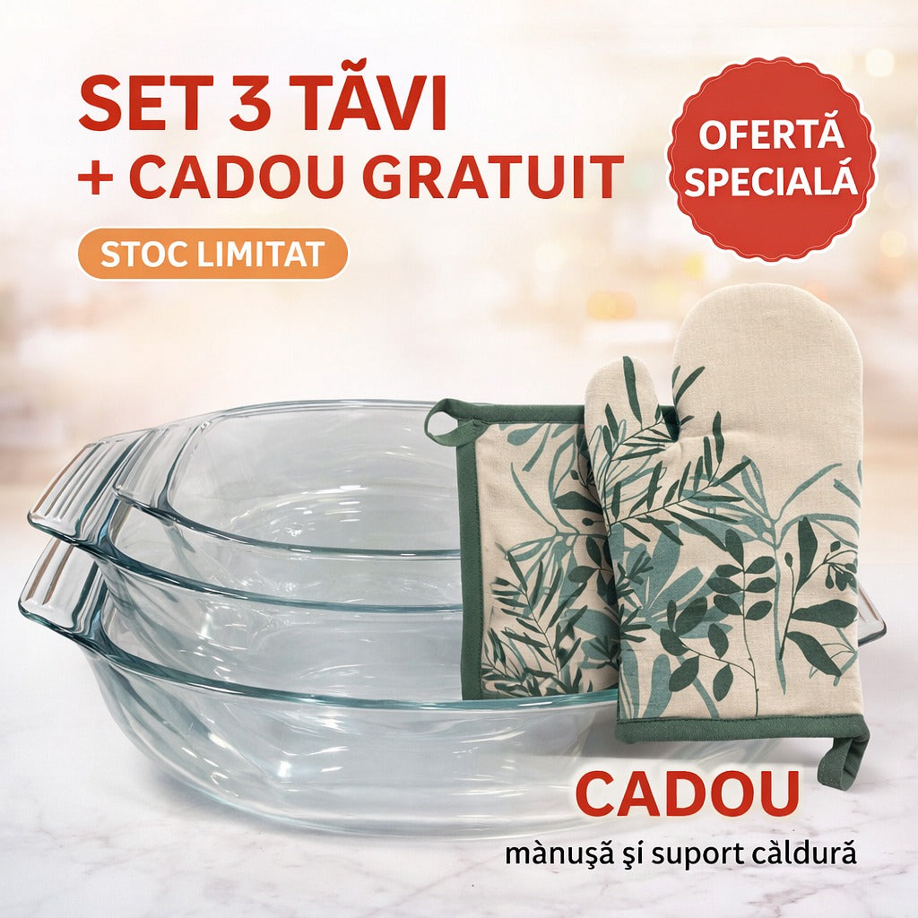 Set 3 Tăvi Yena din Sticlă Termorezistentă + Mănușă Cuptor CADOU