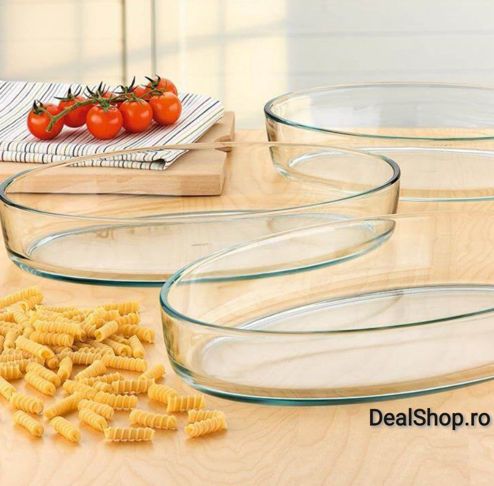 Set 3 Tăvi Yena  din Sticlă Termorezistentă + Mănușă Cuptor CADOU