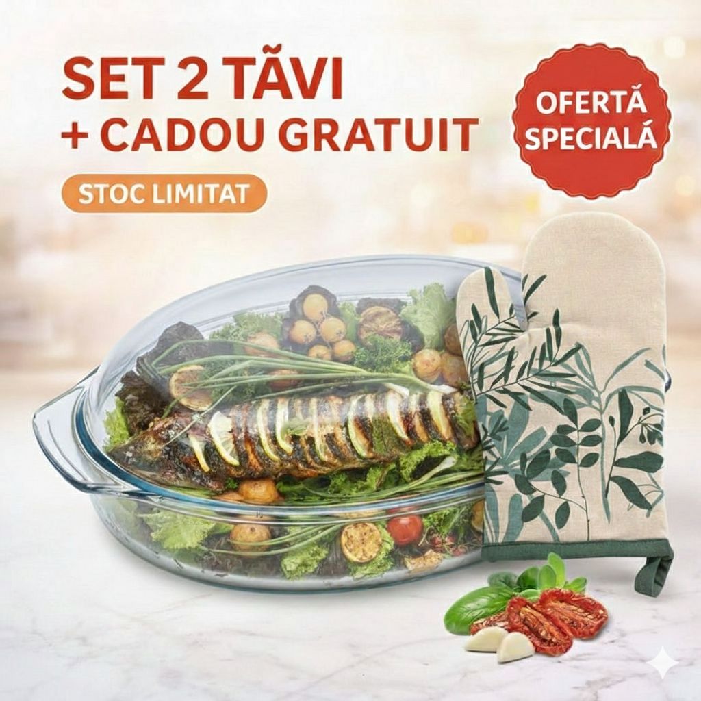 Set 2 Tavi Yena 2 in 1 din Sticlă Termorezistentă (CU CAPAC) + Mănușă Cuptor CADOU