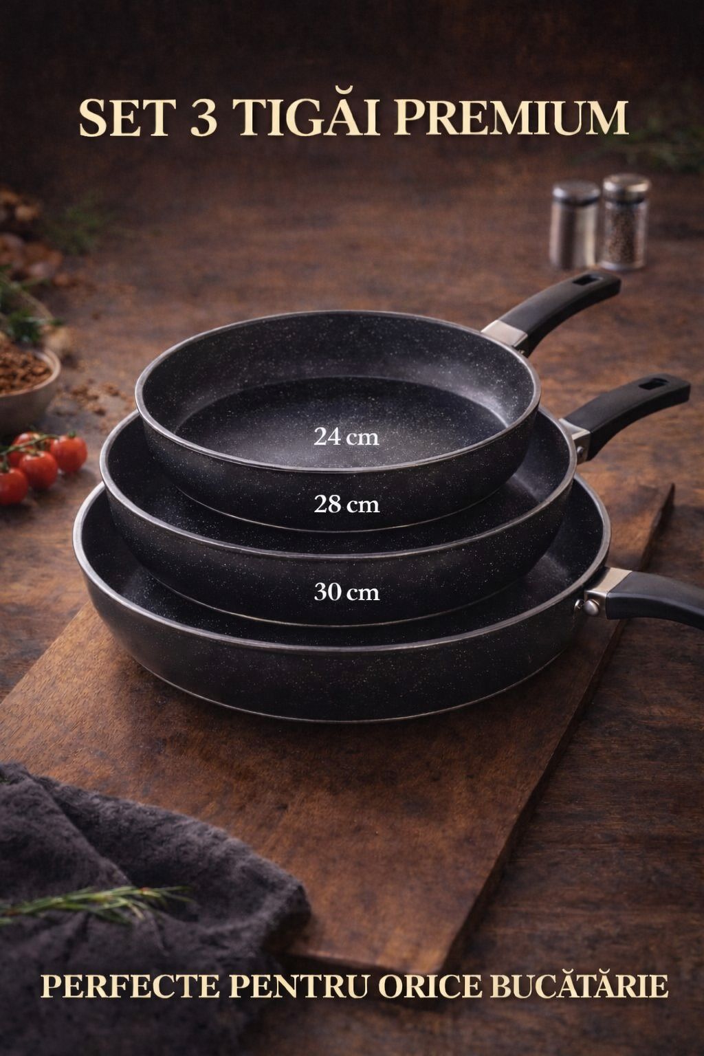 Set 3 tigai de gătit antiaderente, 30/24/28 cm, PREMIUM, HotChef,  Înveliș 3 straturi