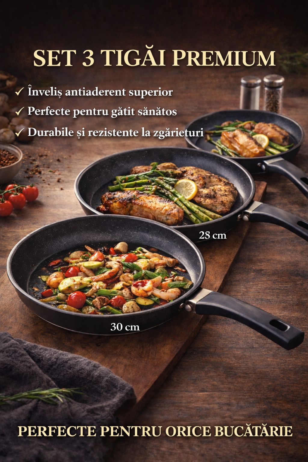 Set 3 tigai de gătit antiaderente, 30/24/28 cm, PREMIUM, HotChef,  Înveliș 3 straturi