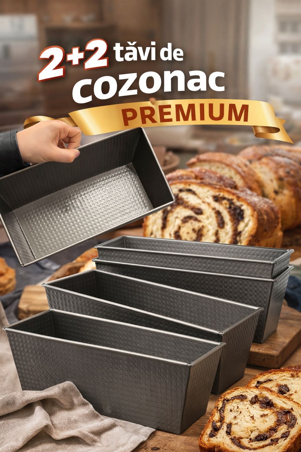 Set 4 Tavi cozonac 3 litri, dimensiune 31 x 15 x 9,5 cm invelis teflon