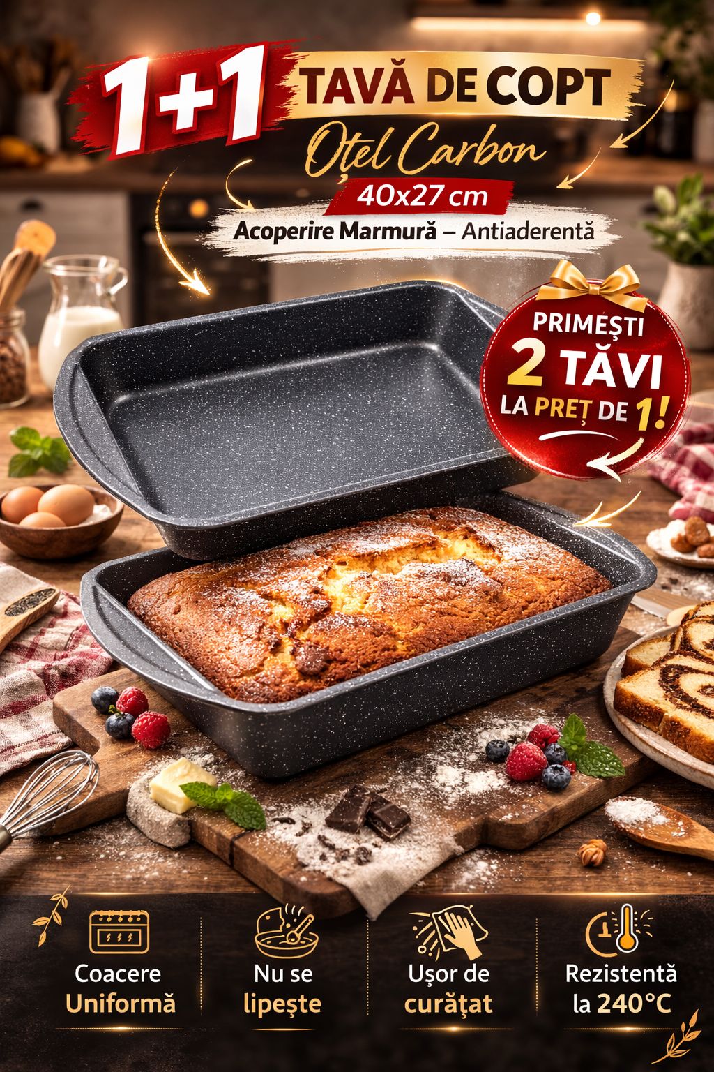 1+1 Gratis, Tava de copt Bohmann, Otel carbon, 40x27 cm, Acoperire marmura, Premium