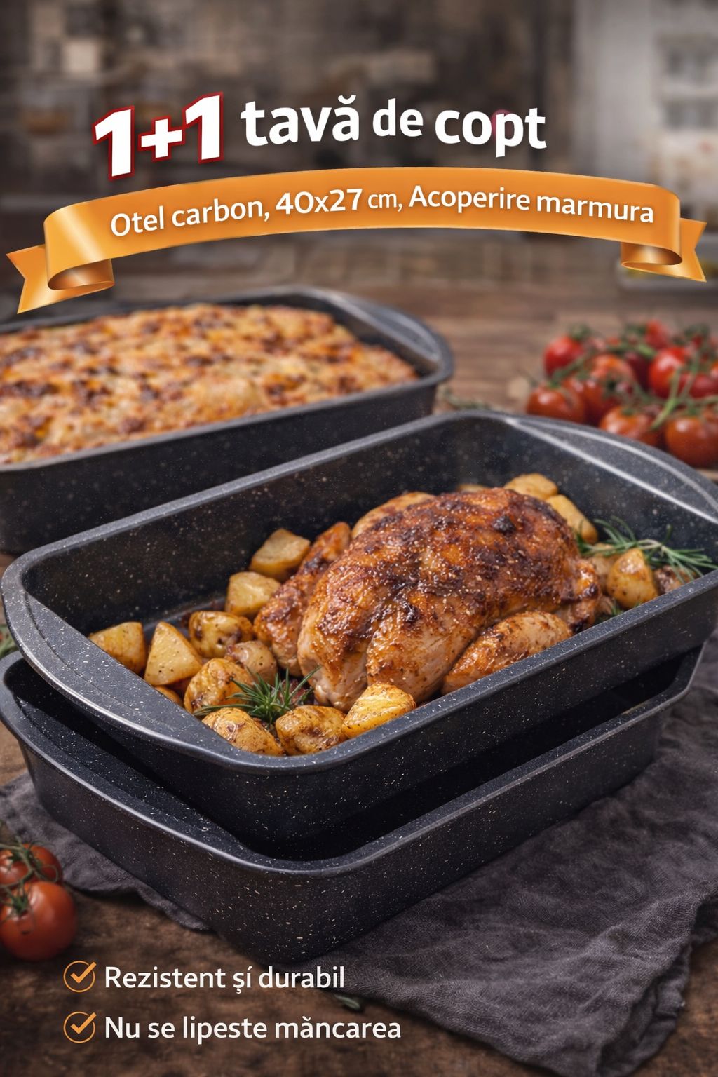 1+1 Gratis, Tava de copt Bohmann, Otel carbon, 40x27 cm, Acoperire marmura, Premium