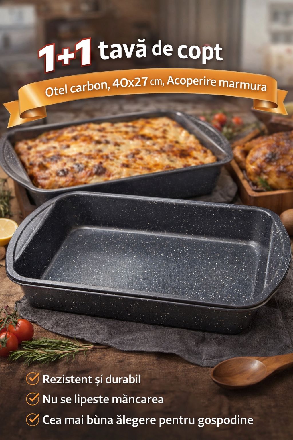 1+1 Gratis, Tava de copt Bohmann, Otel carbon, 40x27 cm, Acoperire marmura, Premium