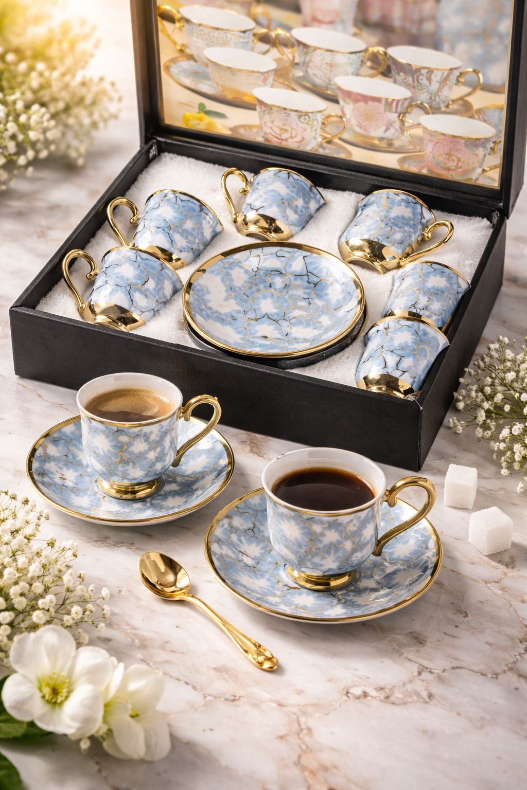 Set Elegant de Cafea – 6 Cești + 6 Farfurioare -Porțelan