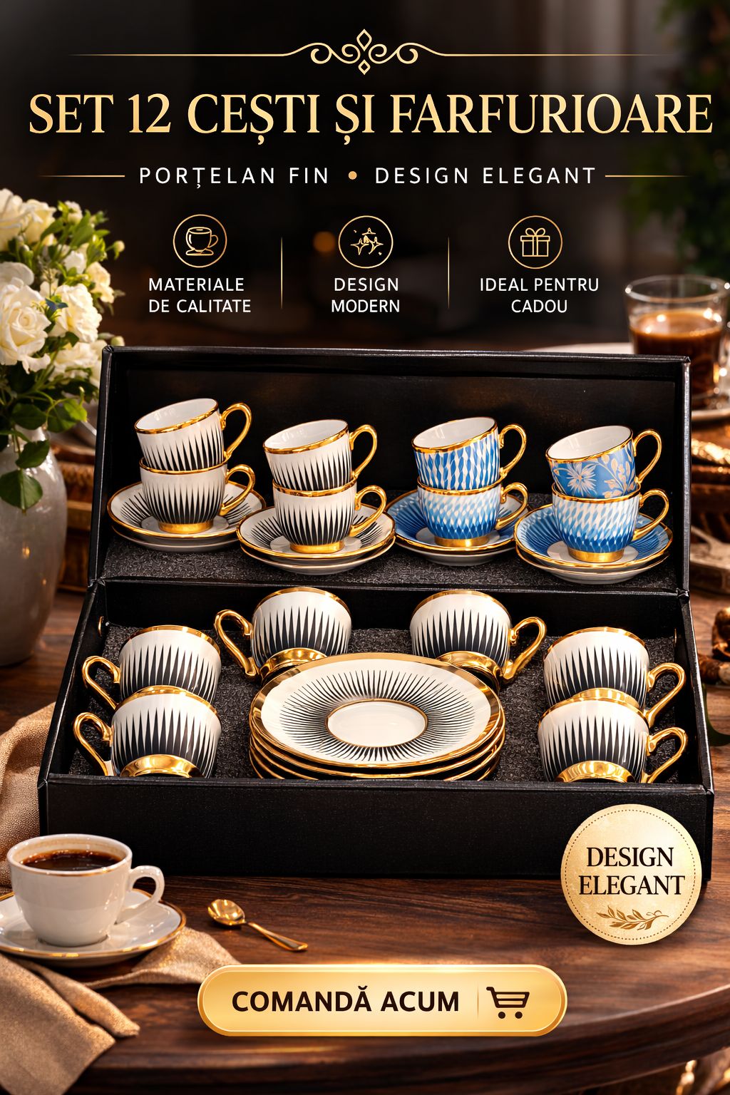 Set Elegant de Cafea – 6 Cești + 6 Farfurioare -Porțelan