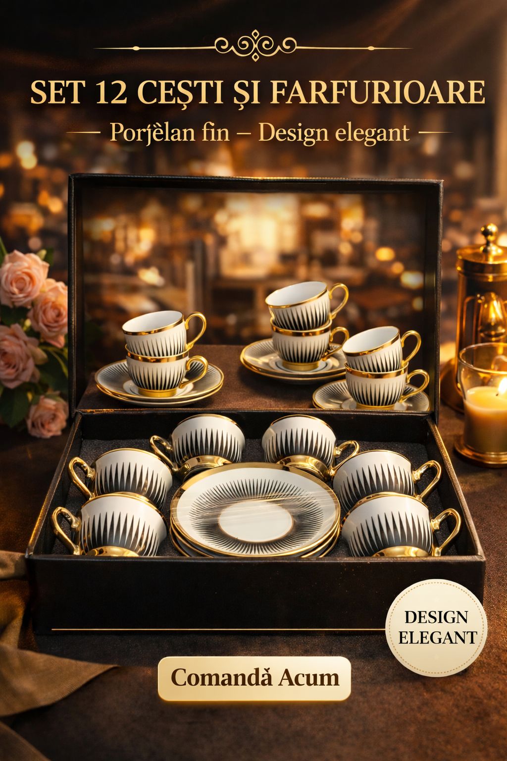 Set Elegant de Cafea – 6 Cești + 6 Farfurioare -Porțelan
