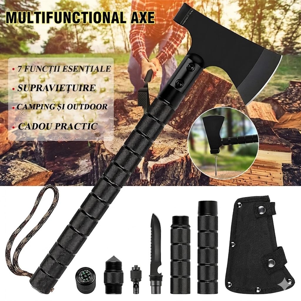 Topor Multifuncțional X-Survivor 7 – Kit Tactic 7-în-1 pentru Camping și Supraviețuire