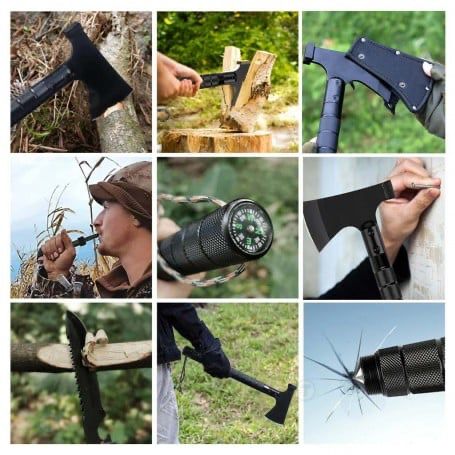 Topor Multifuncțional X-Survivor 7 – Kit Tactic 7-în-1 pentru Camping și Supraviețuire