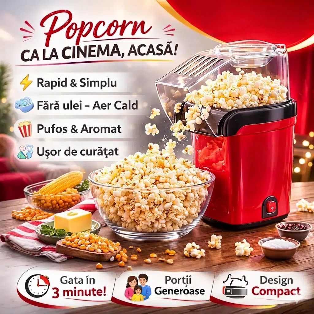 🍿 Aparat de făcut Popcorn cu Aer Cald– Gustare Sănătoasă în Doar 2  Minute