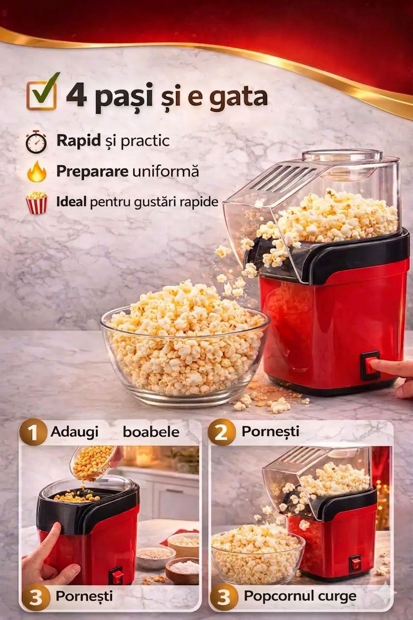 🍿 Aparat de făcut Popcorn cu Aer Cald– Gustare Sănătoasă în Doar 2  Minute