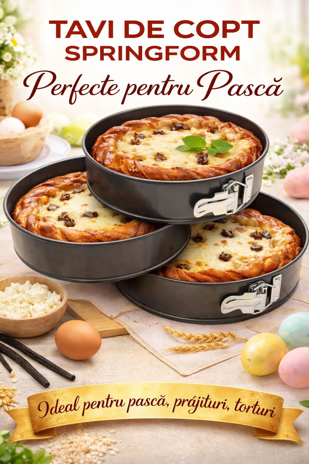 Set 3 Tavi pentru Pasca, Tort, baza detasabila, forma rotunda, 28cm, 26cm, 24cm