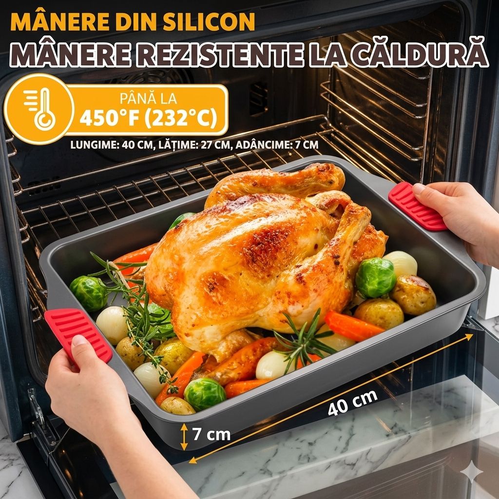 1+1 GRATIS, Tava de copt teflonata cu manere de silicon, 40 * 27 * 5.5 cm, Otel Carbon - Premium