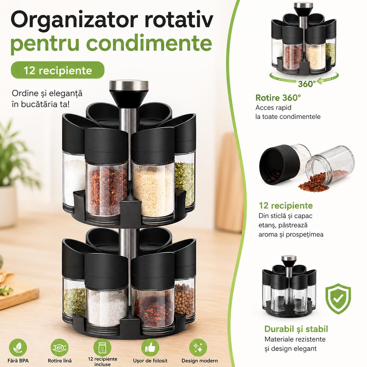 Organizator rotativ pentru condimente, 12 recipiente din sticlă, solniță