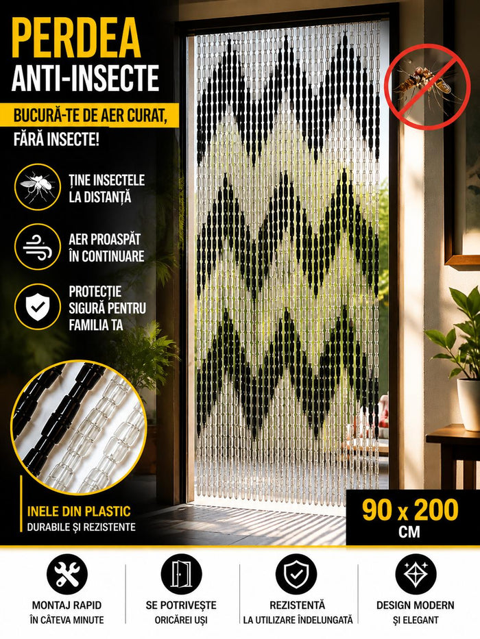 Perdea Muste/Tantari/Insecte Hozro, Plastic, PVC, cu Bara Perdea Usa Impotriva Insectelor - Inele din Plastic, 90X200 CM