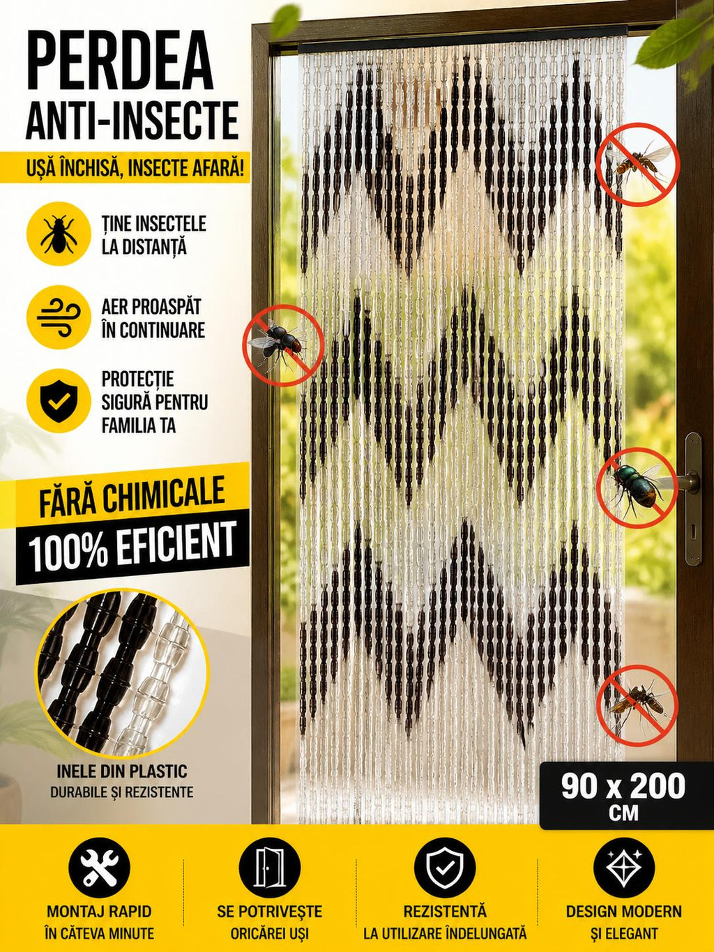 Perdea Muste/Tantari/Insecte Hozro, Plastic, PVC, cu Bara Perdea Usa Impotriva Insectelor - Inele din Plastic, 90X200 CM