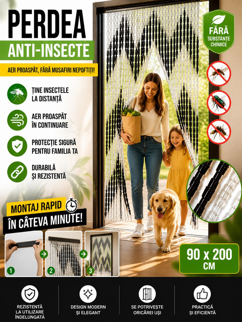 Perdea Muste/Tantari/Insecte Hozro, Plastic, PVC, cu Bara Perdea Usa Impotriva Insectelor - Inele din Plastic, 90X200 CM