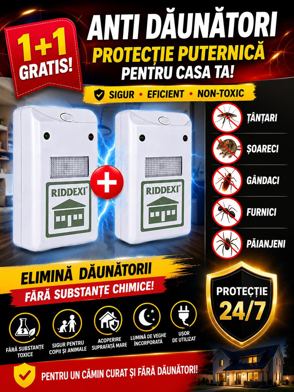 1+1 GRATIS – Dispozitiv Anti‑Daunători cu Ultrasunete (Șoareci, Gândaci, Țânțari)