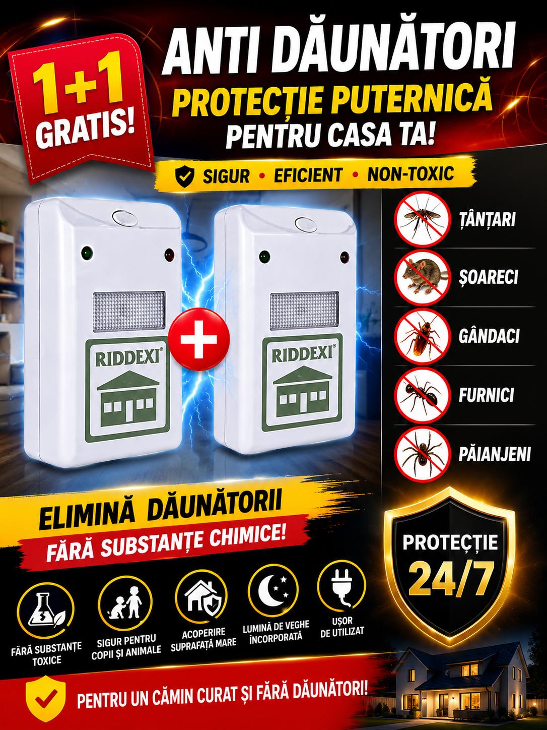 1+1 GRATIS – Dispozitiv Anti‑Daunători cu Ultrasunete (Șoareci, Gândaci, Țânțari)