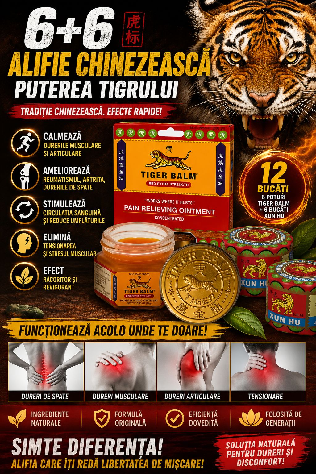 Ofertă Specială 6+6 Borcane: Alifie Naturală „Puterea Tigrului” pentru Dureri – O Tradiție de peste 100 de Ani!
