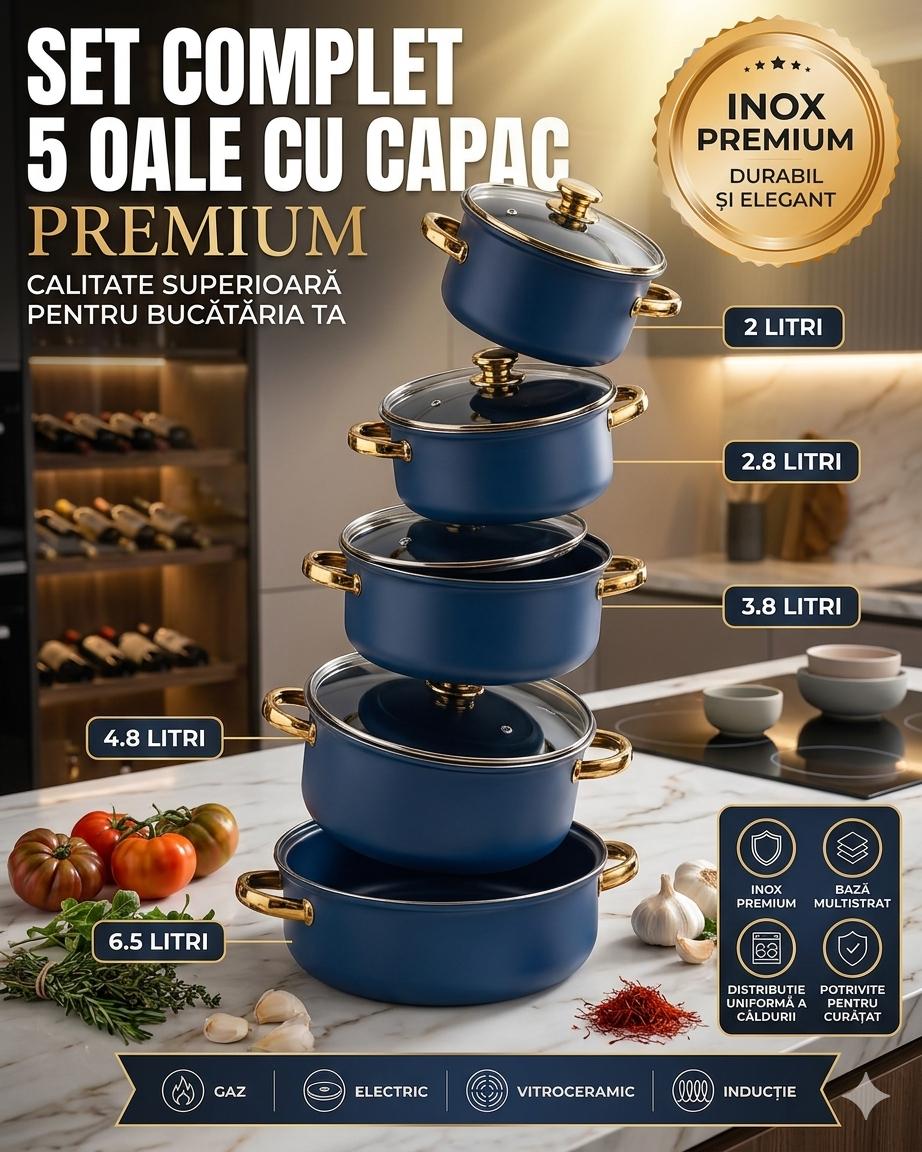 Oferta Zilei! Set Complet 5 Oale Cu Capac, Inox Premium