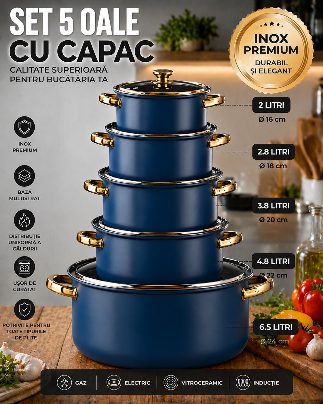 Oferta Zilei! Set Complet 5 Oale Cu Capac, Inox Premium