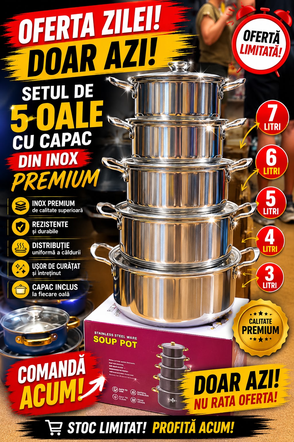 Oferta de nerefuzat! Set Complet 5 Oale Cu Capac, Inox Premium