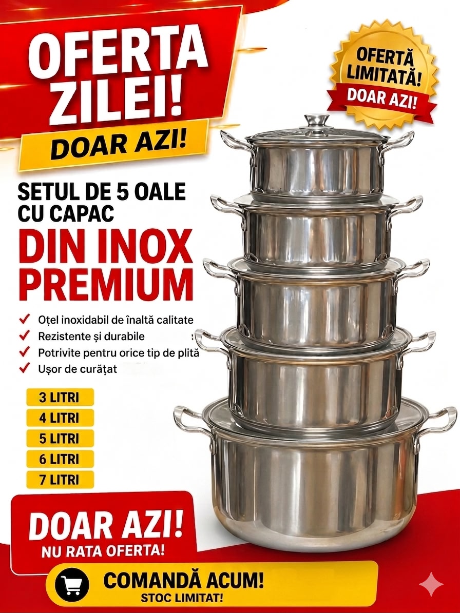 Oferta de nerefuzat! Set Complet 5 Oale Cu Capac, Inox Premium