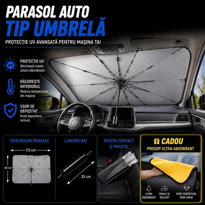 OFERTĂ: Parasolar Auto Tip Umbrelă + Prosop Ultra‑Absorbant CADOU 🎁