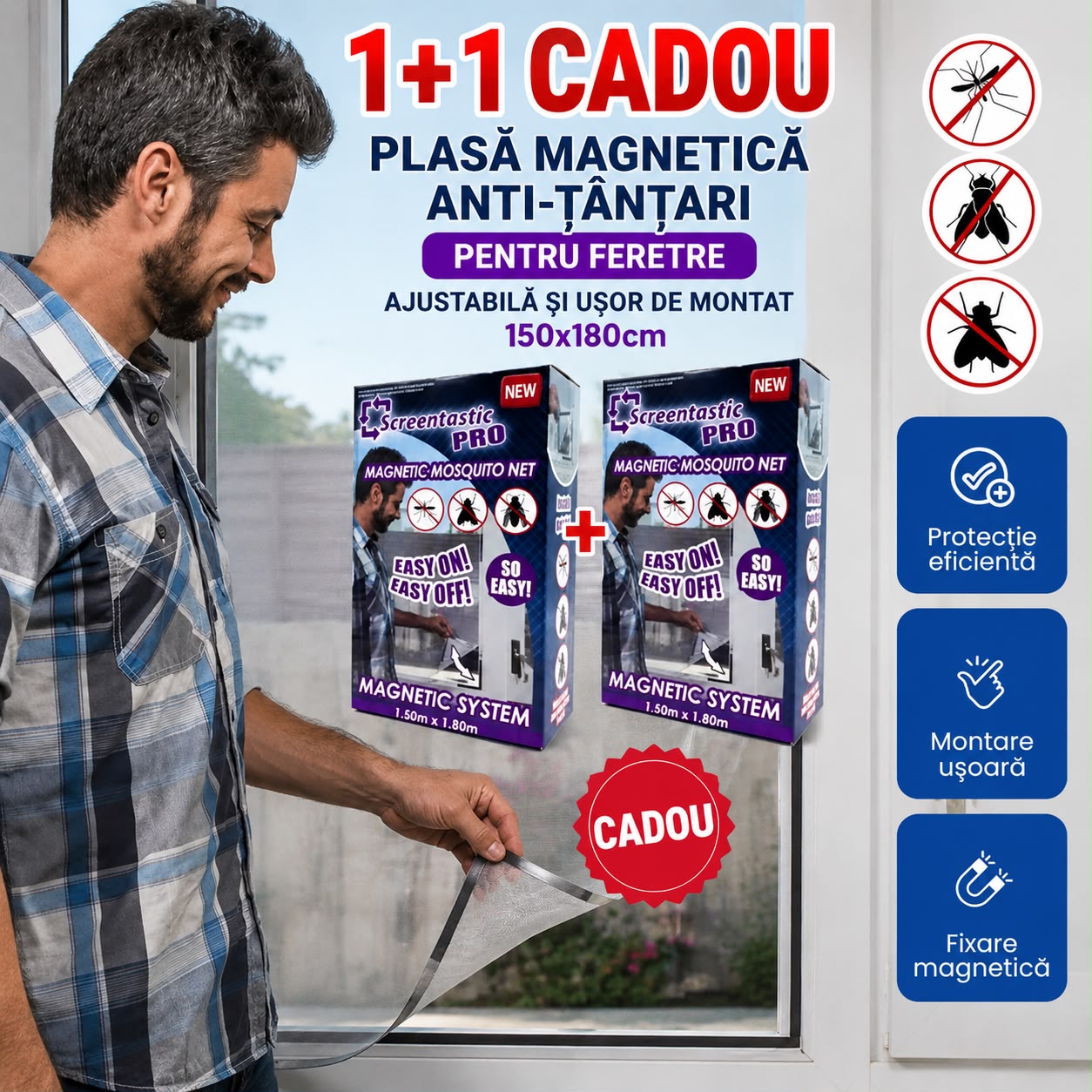 1+1 CADOU, Plasă Magnetică Anti-Țânțari pentru Ferestre, Ajustabilă și Ușor de Montat (150x180cm)
