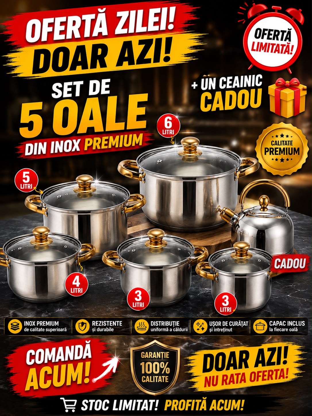 Set Complet 5 Oale Cu Capac, Inox Premium, 6,5,4,3,3 litrii + CADOU UN  Ceainic 🎁