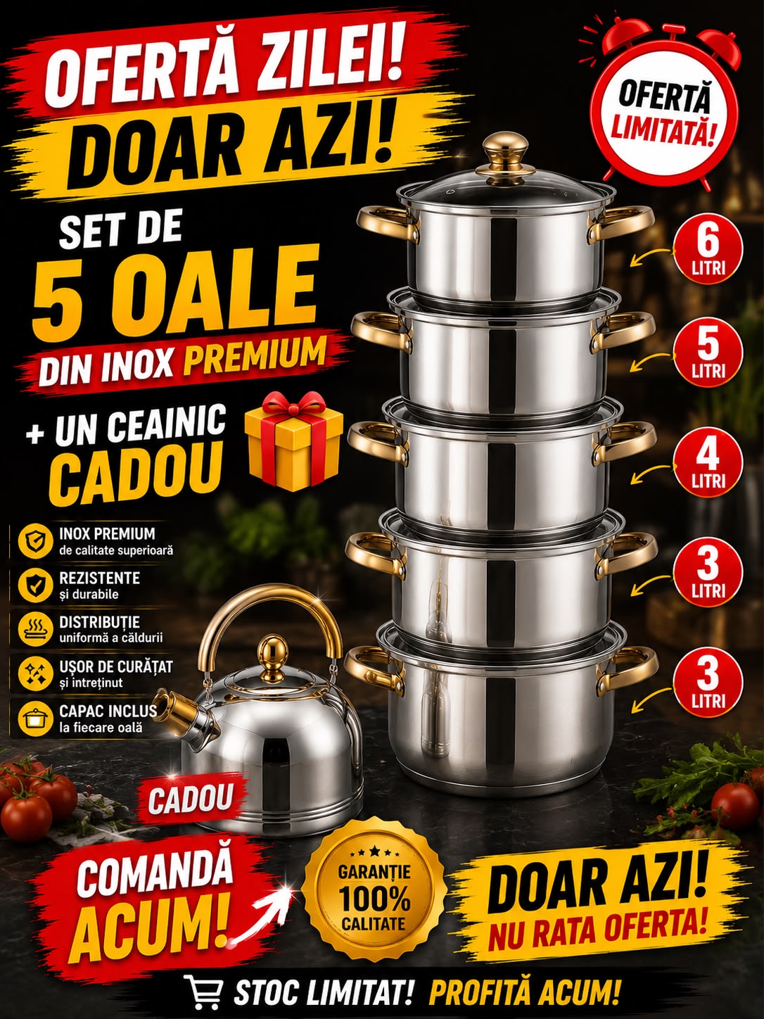 Set Complet 5 Oale Cu Capac, Inox Premium, 6,5,4,3,3 litrii + CADOU UN  Ceainic 🎁