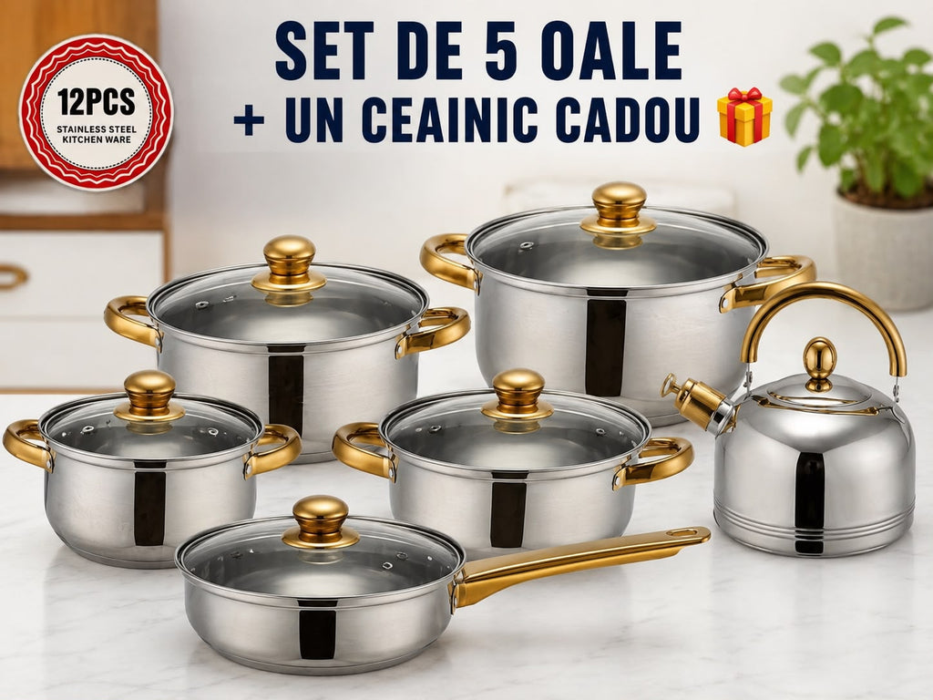 Set Complet 5 Oale Cu Capac, Inox Premium, 6,5,4,3,3 litrii + CADOU UN  Ceainic 🎁