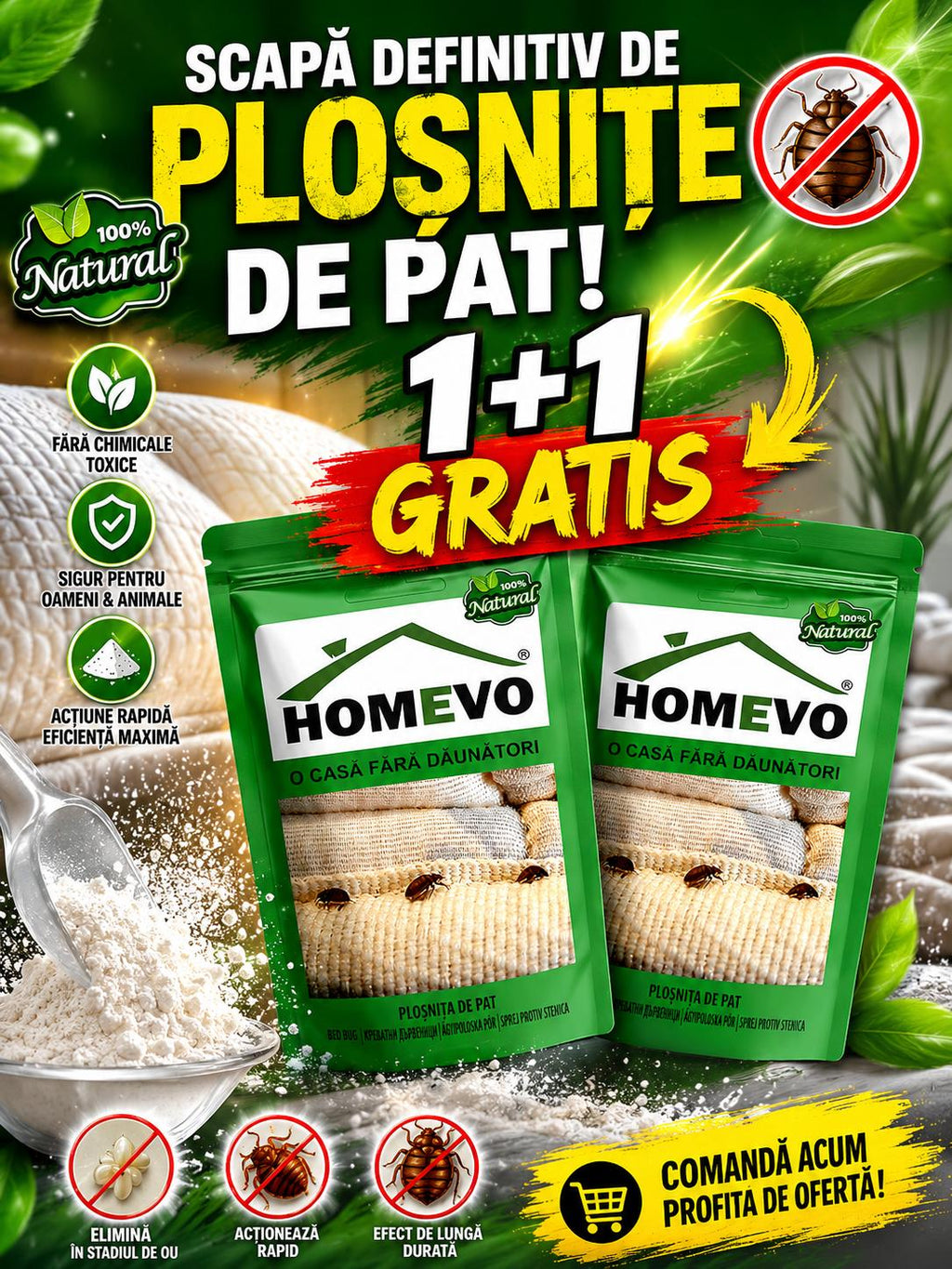 Pulbere AntiPloșnițe de Pat HOMEVO – Eliminare Rapidă, 1+1 GRATIS