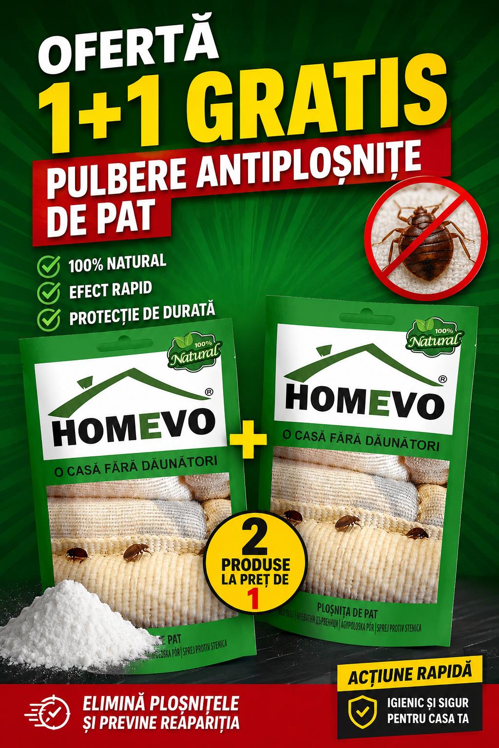 Pulbere AntiPloșnițe de Pat HOMEVO – Eliminare Rapidă, 1+1 GRATIS