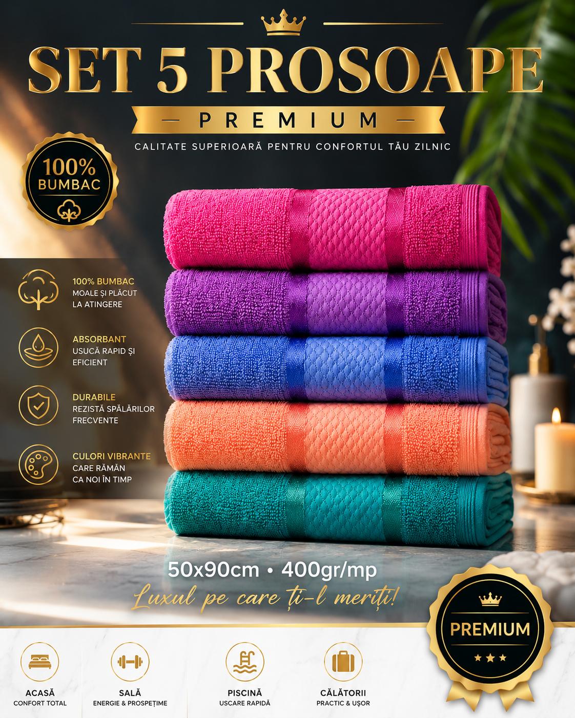 SET 5 Prosoape 50x90cm 400gr/mp- Bumbac , PREMIUM