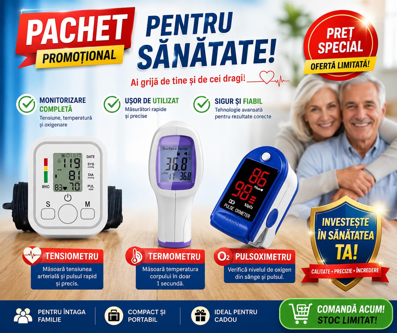 Pachet Promoțional pentru Sănătate – Tensiometru + Termometru + Pulsoximetru