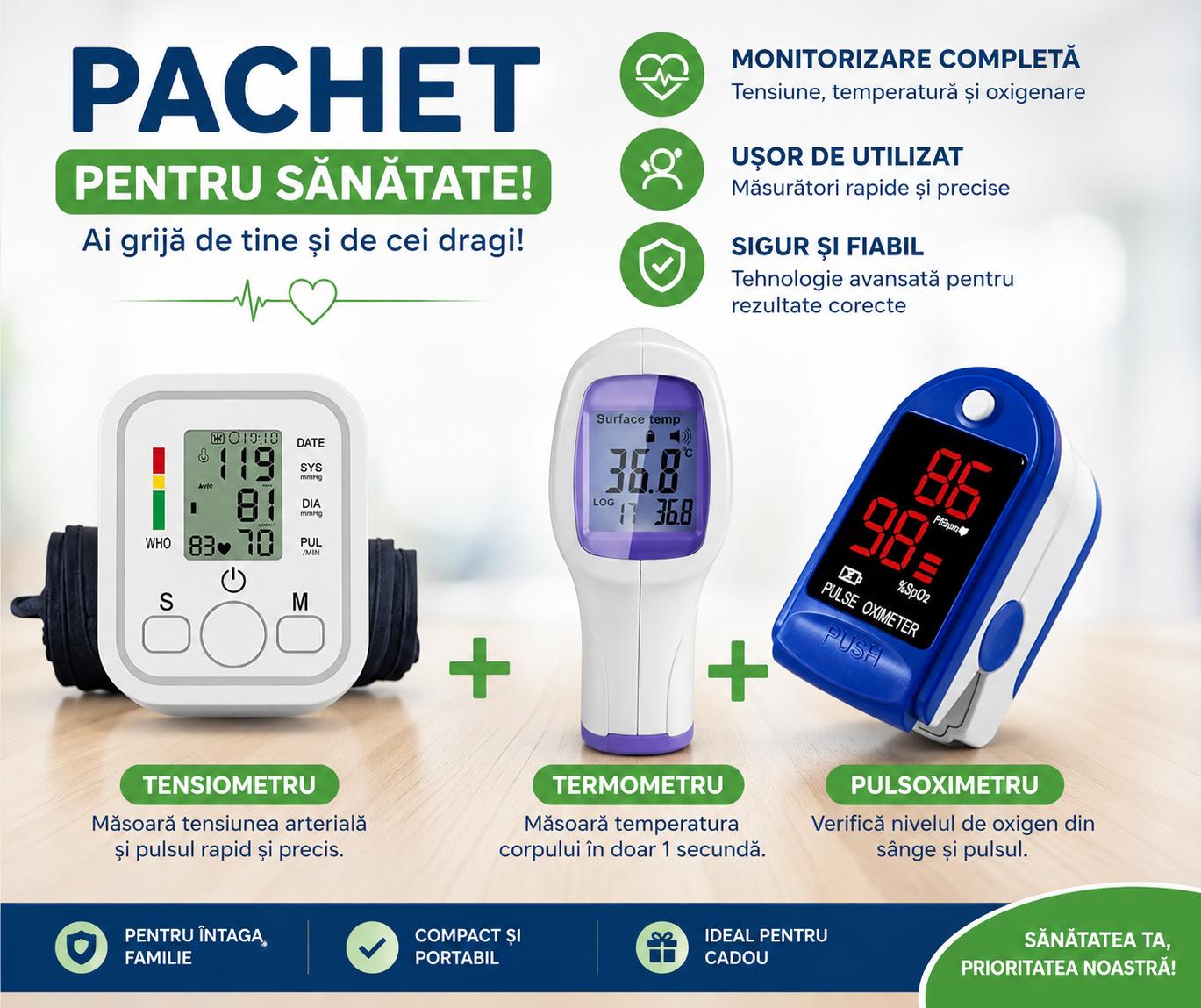 Pachet Promoțional pentru Sănătate – Tensiometru + Termometru + Pulsoximetru
