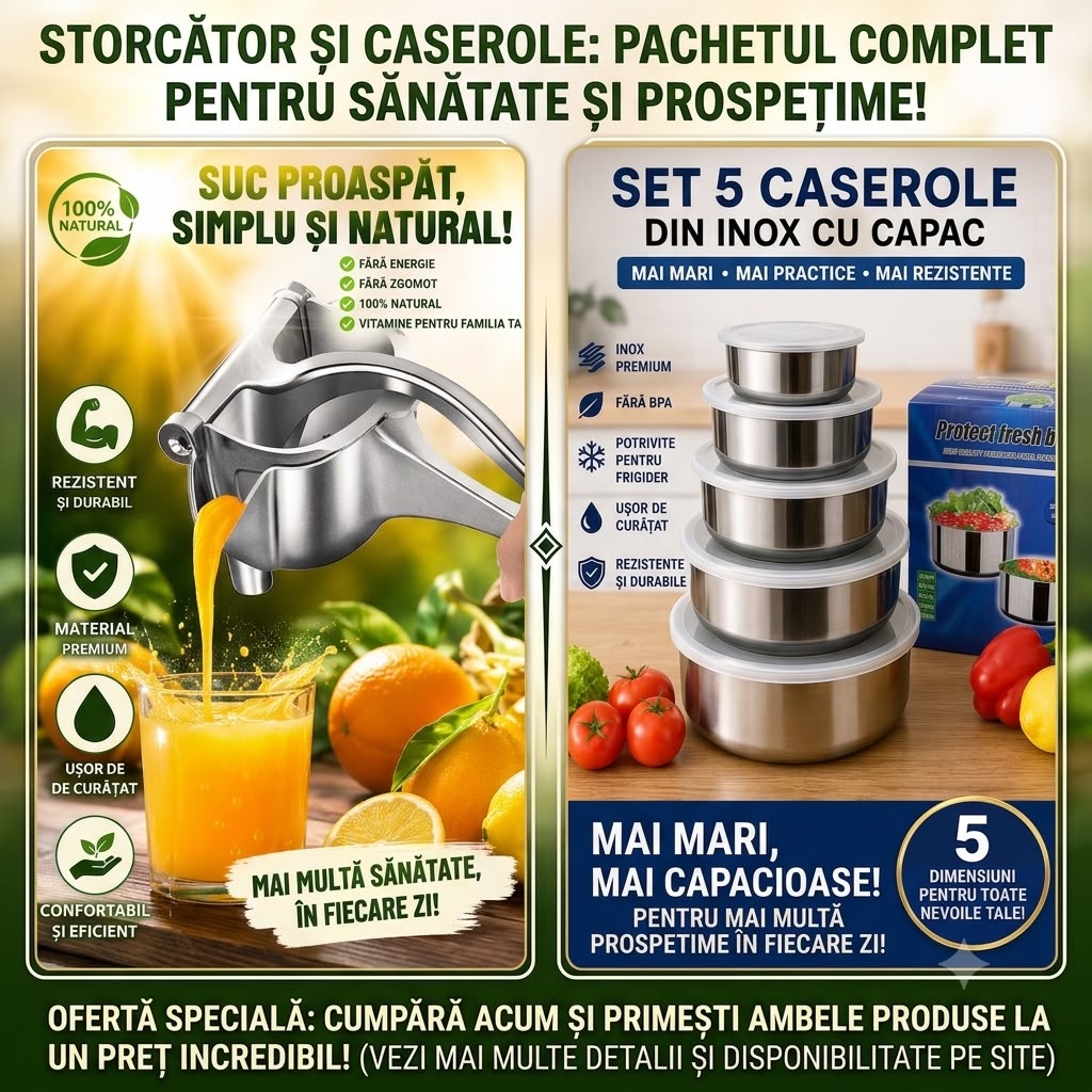 Storcător manual + Set 5 caserole din inox cu capac CADOU 🎁