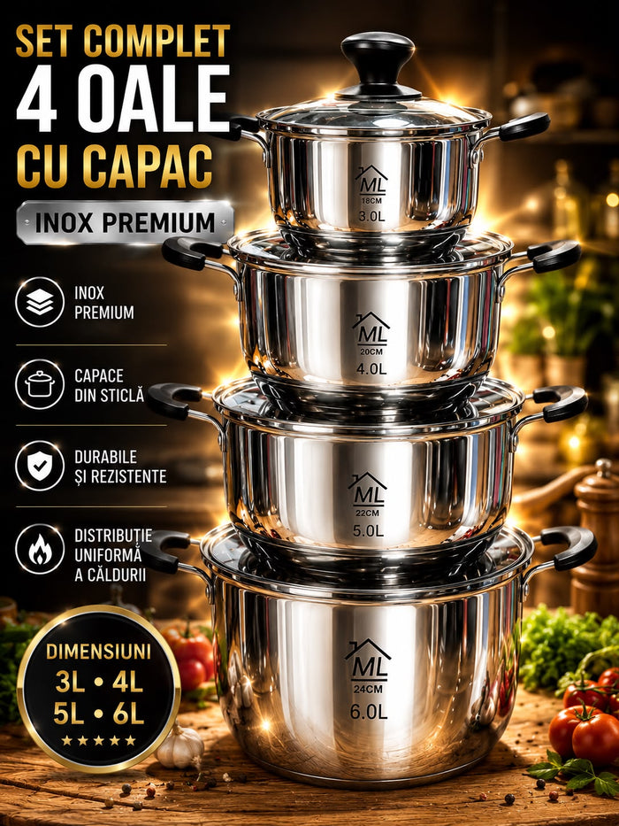 Mega Oferta! Set Complet 4 Oale Cu Capac, Inox Premium,  6,5,4,3 litrii