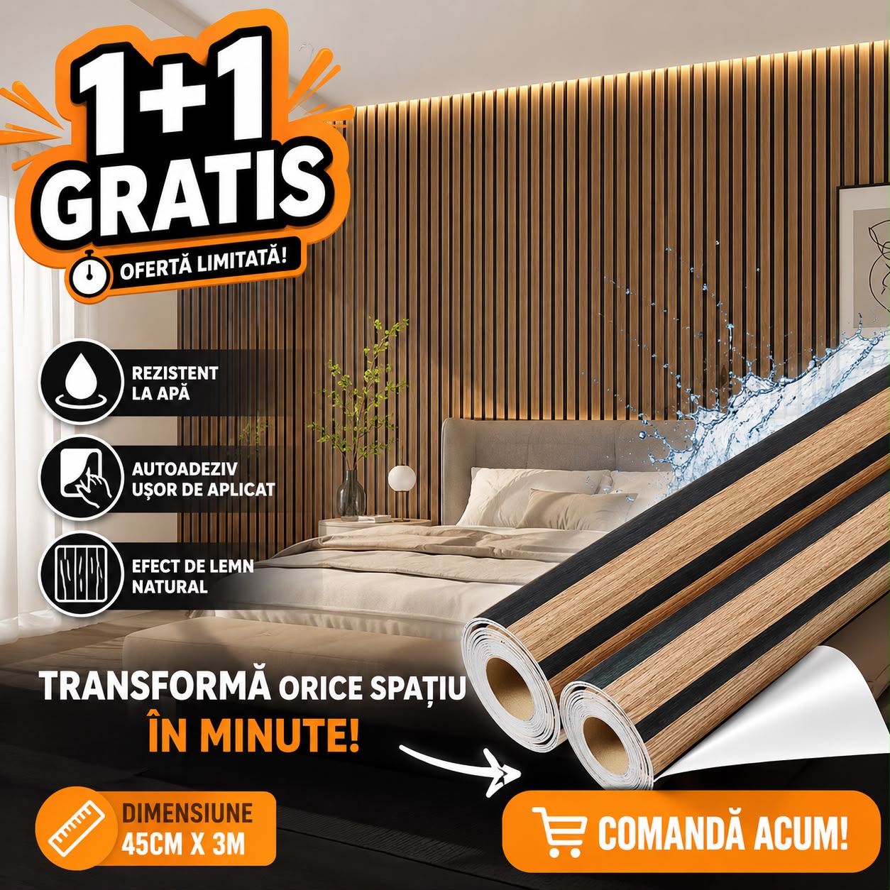 1+1, GRATIS Tapet  autoadeziv cu efect de lemn rezistent la apa, 45cmX3m